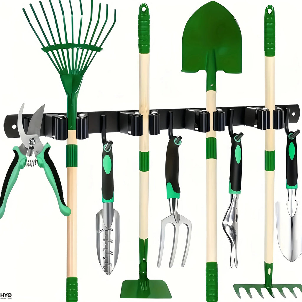 1 Heavy-Duty Metal Tool Rack with 4 Slots and 5 Hooks - Wall-Mounted Garden Tools, Broom, Mop and Garage Equipment, Tool Rack St