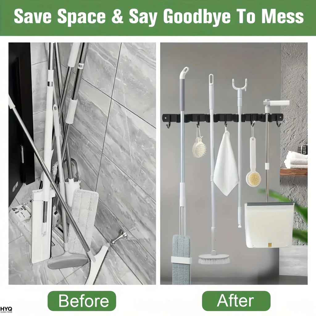 1 Heavy-Duty Metal Tool Rack with 4 Slots and 5 Hooks - Wall-Mounted Garden Tools, Broom, Mop and Garage Equipment, Tool Rack St