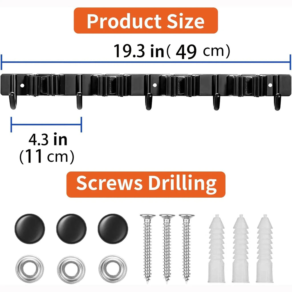 1 Heavy-Duty Metal Tool Rack with 4 Slots and 5 Hooks - Wall-Mounted Garden Tools, Broom, Mop and Garage Equipment, Tool Rack St