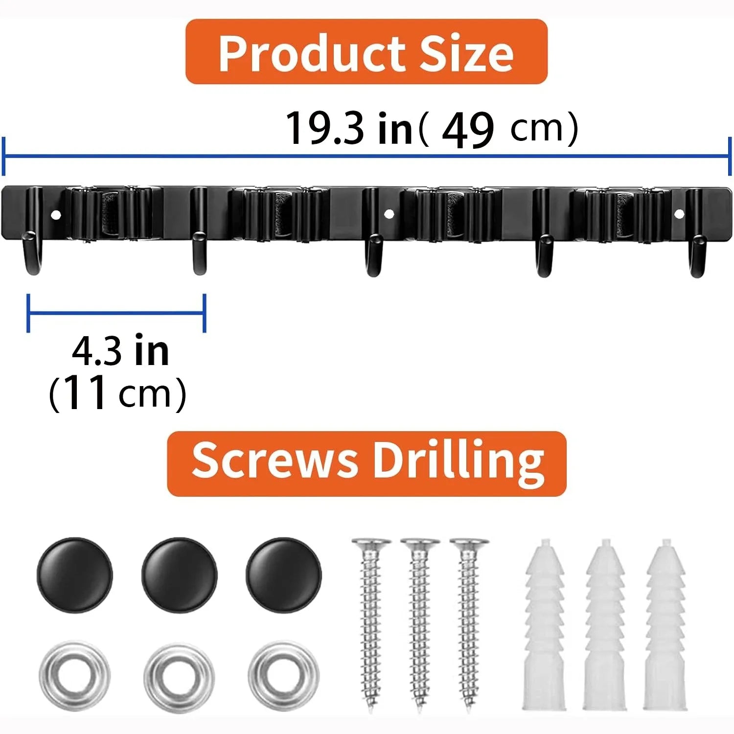 1 Heavy-Duty Metal Tool Rack with 4 Slots and 5 Hooks - Wall-Mounted Garden Tools, Broom, Mop and Garage Equipment, Tool Rack St